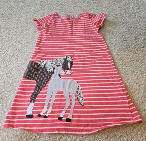 Mini Boden Coral and White Striped Dress with Horse Appliqué